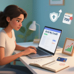 Young woman reviewing credit score on laptop while building financial plan