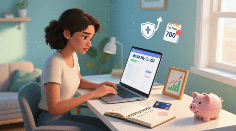 Young woman reviewing credit score on laptop while building financial plan