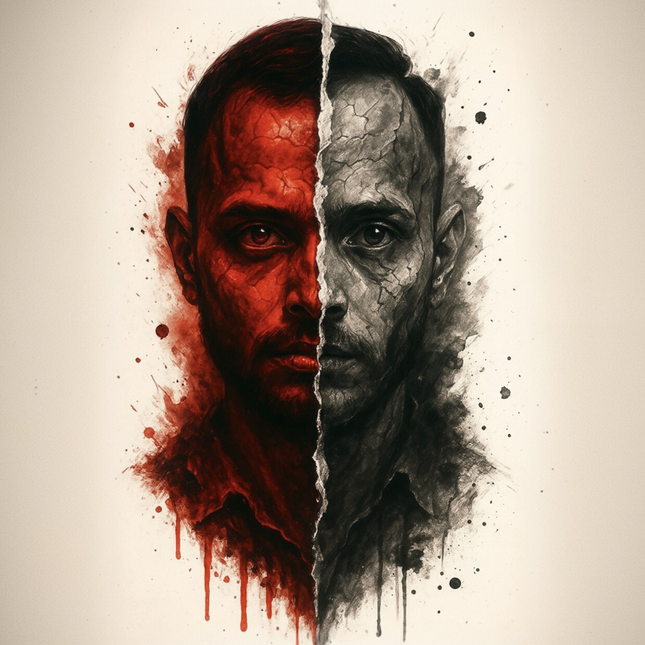 Author portrait: split red and black artistic design