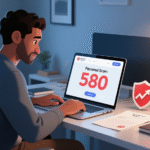 Person reviewing personal loan options on laptop with bad credit score displayed
